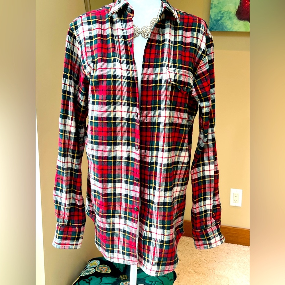 NWOT Vintage ❤️ POLO Ralph Lauren Cozy Red White Multi Plaid Boyfriend Shirt Sm